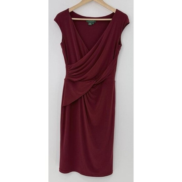Lauren Ralph Lauren Essentials Dark Red Sleeveless Ruching Dress Sz 4 FLAW - Picture 1 of 13